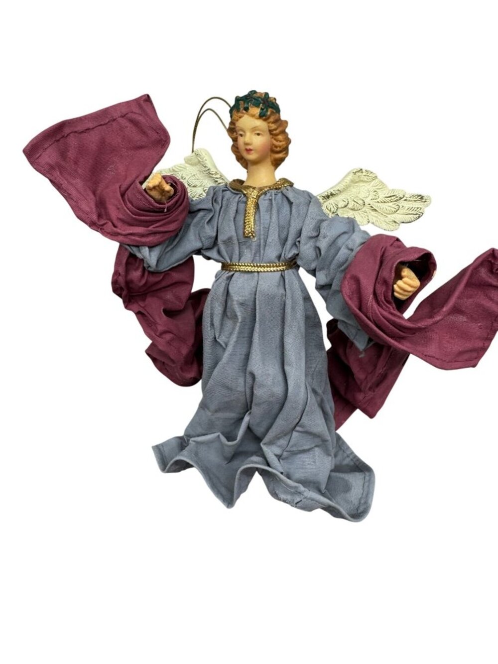 Vintage Ceramic Angel Figurine Gold Wings Gray & Burgundy Holiday Decor READ
